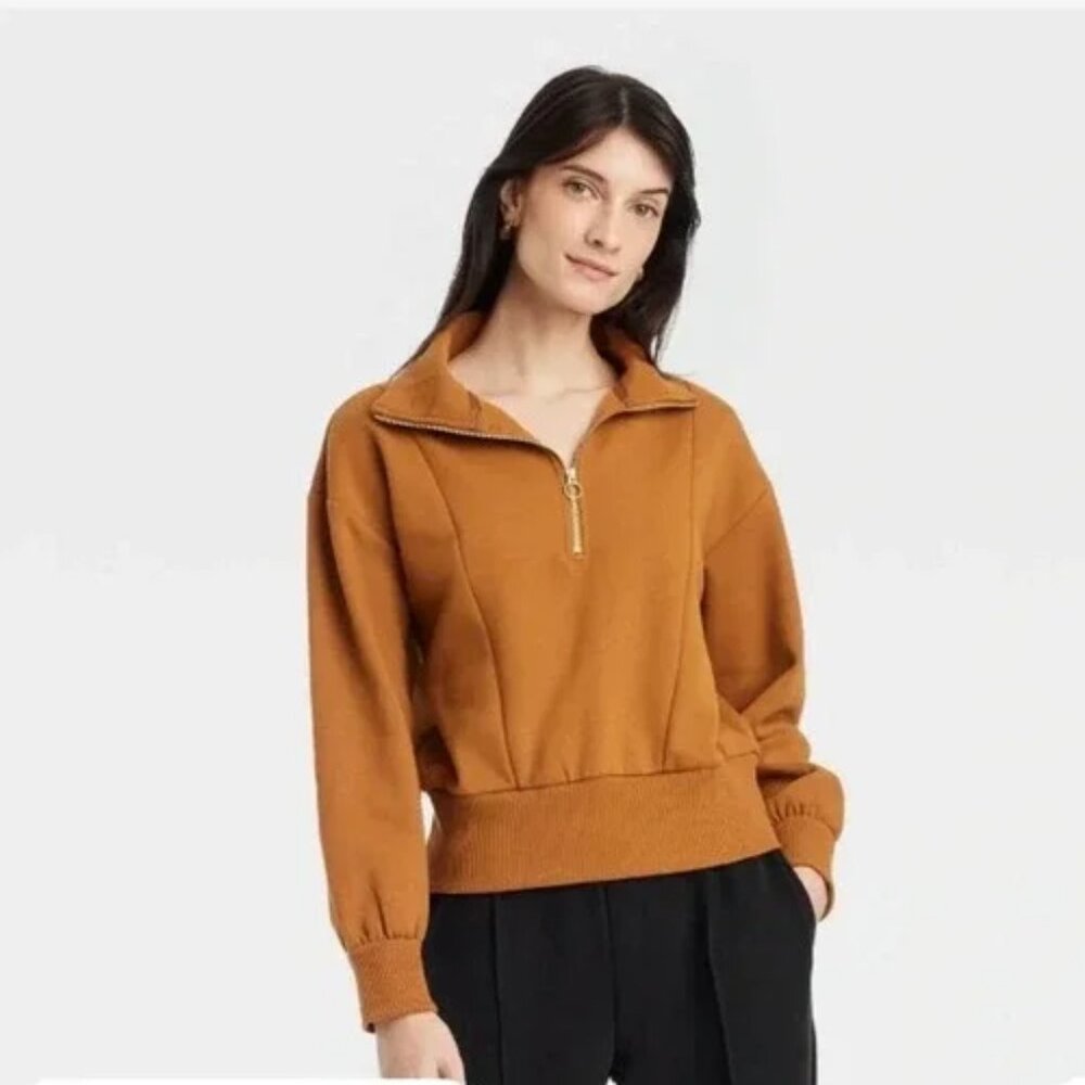 A New Day Women's Large Rust Long Sleeves Ribbed Cuffs Quarter Zip Sweatshirts